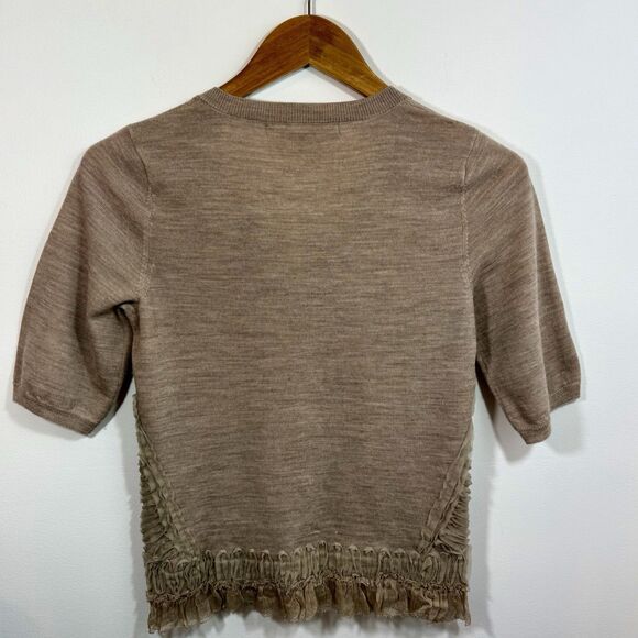 KNITTED & KNOTTED Anthropologie S Beige Wool Cardigan Sweater Cat Eye Ruffles - Picture 2 of 13